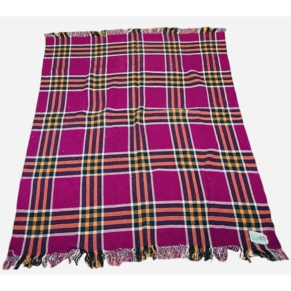 Vtg All Wool British Made Plaid Blanket 65 x 52 Reversible Purple Orange Grey - Picture 1 of 8